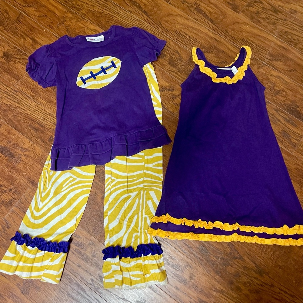 Lolly Wolly Doodle Purple and Gold Custom Football Ruffle Set and Dress LSU
